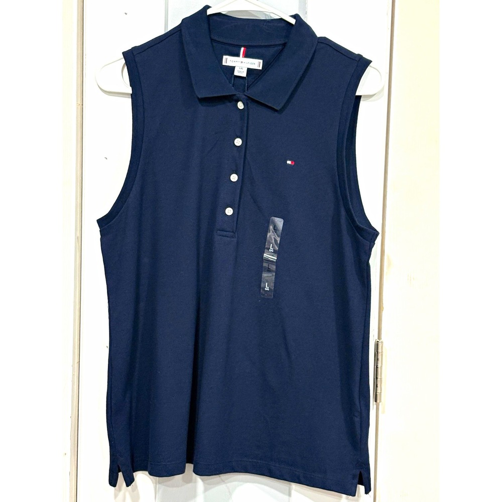Women's Tommy Hilfiger Polo Shirt L Black Solid Sleeveless Collared Logo Button